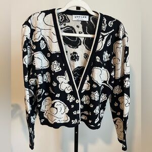 Vintage Jaeger Floral Knit Cardigan Made in Britain Cotton Linen Black Cream